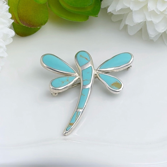 Dragonfly Butterfly Vintage Pendant Brooch Sterling Silver 925 Turquoise Inlay - Picture 4 of 10